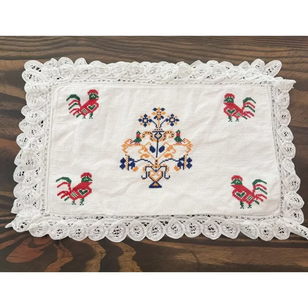 Vintage MCM Handmade CROSS STITCH Placemats Set Of 6 Folk Art Birds 3760/21